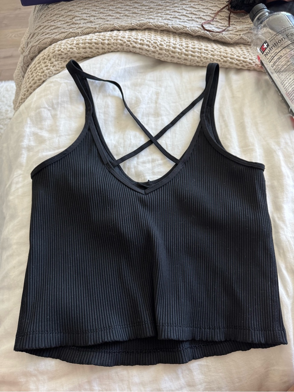 Vuori Black Ribbed Crisscross Back Camisole